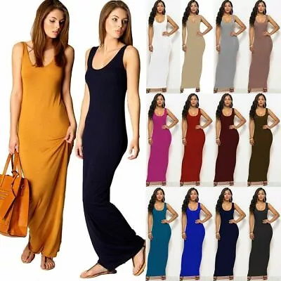 Women's Long Maxi Dress Ladies Plain Racer Muscle Back Vest Stretch Jersey 8-26. • £8.99