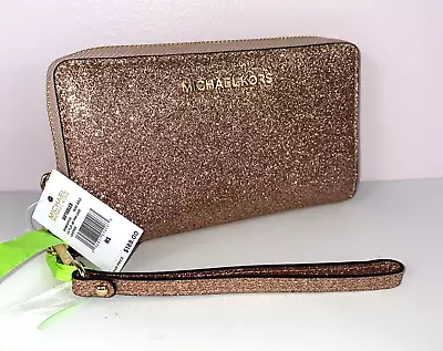 New Michael Kors Phone Wallet Large Rose Metallic Gold Leather Zip $188  W4 • $114.99