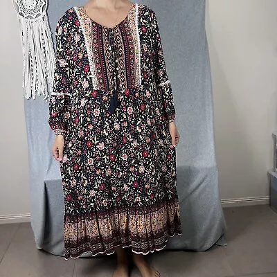 Womens Maxi Dress Size 16 XL Floral Multicoloured Long Sleeve Peasant Boho Midi • $34.95