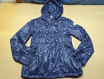 Moncler Girls Navy Blue Rain Jacket Size ANN 12 / 152 CM Hooded Double Button • $79.95