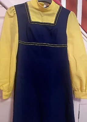 £40 • Buy VINTAGE 70S DRESS BLUE YELLOW 60s Mod Contrast Long-sleeved 12 14 M Doll Preppy