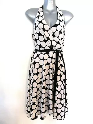 POP STAR Black Cream Spotty Polkadot Halter Neck Stretch Rock N Roll 50s Dress L • $39.99