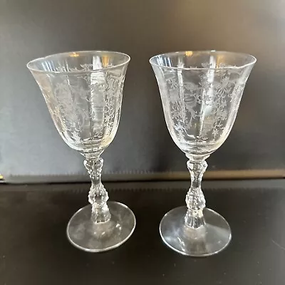 2 Vintage Crystal Etched Stemware Cut Glass Wine Cordial Flower Floral Design • $18