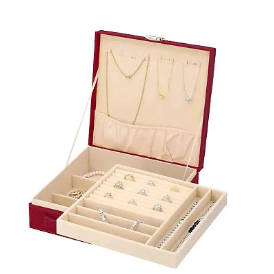 £32.44 • Buy Burgundy Faux Velvet Jewelry Box Organizer 2Layer AntiTarnish Scratch Protection