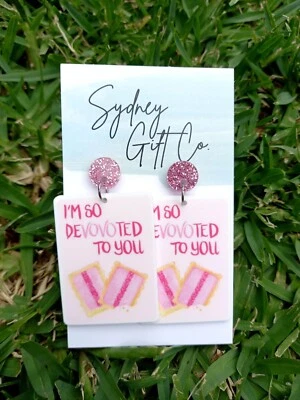 $10 • Buy SALE Iced Vovo Valentines Day Quote Dangle Drop Acrylic Earrings Food Pink