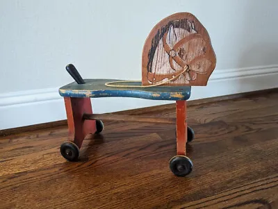 Vintage Childs Wooden Riding Toy Horse Scooter W Wheels  Original Paint 1940's • $25