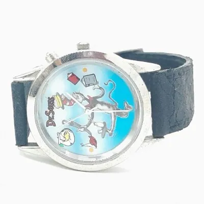 The Cat In The Hat Dr Seuss Watch Black Band Silver Case Multicolor Face Vintage • $36.79