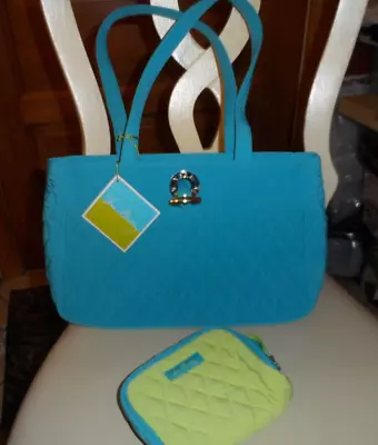 Vera Bradley Teal/lime Microfiber Toggle Tote Shoulder Bag And Jewelry Pouch • $38