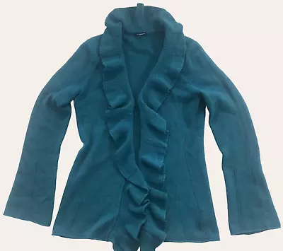 Magaschoni Cashmere Sweater Dark Blue Ruffled Open Front Cardigan Soft Medium • $45