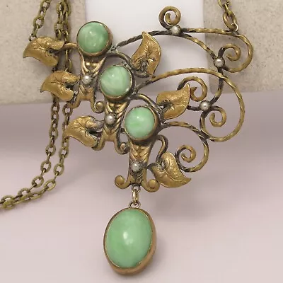 Antique Art Nouveau Deco Filigree Peking Glass Pearl Pendant Necklace • $195