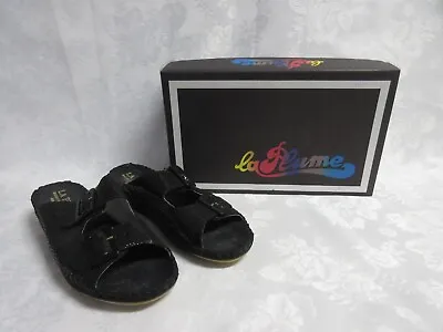 La Plume Black  Snake Skin Double Strap Buckle Slide Sandals Size 38 MIB • $28.95