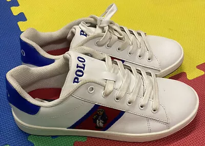 $40 • Buy Polo Ralph Lauren Slip Ons Blue Red Bear Sneakers Youth 5.5 / Womens 7 Shoes