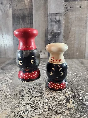 Vintage Salty Peppy Salt And Pepper Shakers Wood Chef  Wooden OLD Painted • $22