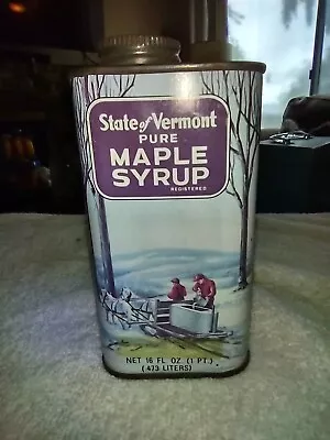 VINTAGE STATE OF VERMONT Pure Maple Syrup Quart Tin Can Blue Snow Winter Scene • $17.85