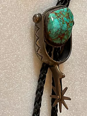 Navajo Native American Sterling Silver Turquoise BOLO Tie SPUR DESIGN SIGNED JHO • $152.50