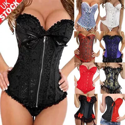 Women Sexy Overbust Boned Corset Burlesque Basques Top Lace-Up Costume Size 6-24 • £21.99