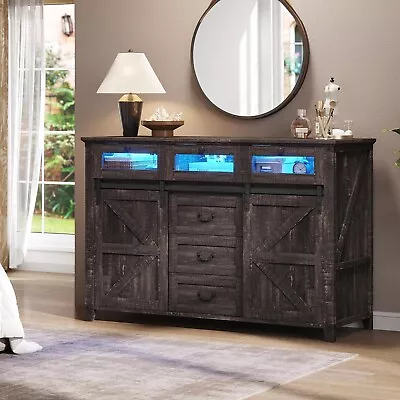 6 Drawers Dresser For Bedroom With 2 Sliding Barn Door Farmhouse LED TV Stand • $225.89