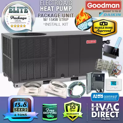 4 Ton 13.4 SEER2 Goodman AC Heat Pump Package Unit System + 15kW Install Kit • $4441