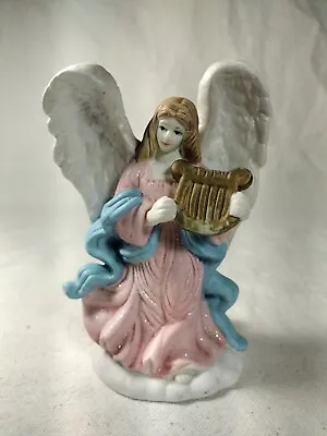 K's Collection Ceramic Angel Figurine Playing Harp Pink Robe Blue Ribbon 5 Inch • $7.89