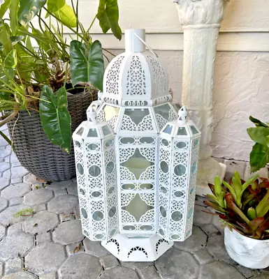 Moroccan LANTERN Pierced White Pendant Candle Hanging Stand Lantern 27   RARE • $149.95