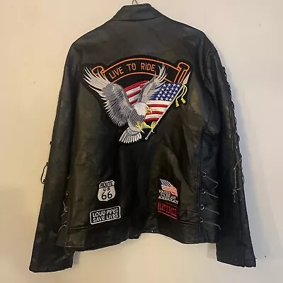 Diamond Plate Buffalo Leather Men's Patchwork Biker Jacket USA Eagle Flag Size L • $40