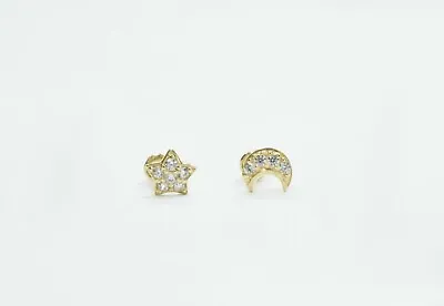 BRAND NEW 14k Yellow Gold Screw Back Moon And Star CZ Earrings • $44.99