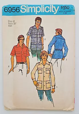 70s Simplicity Sewing Pattern 6956 Men’s Shirts Button Up Pockets Chest 42 UNCUT • $14.99