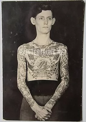 Original Antique Amund Dietzel Milwaukee Tattooed Man Vintage Tattoo Photo 3.5x5 • $499