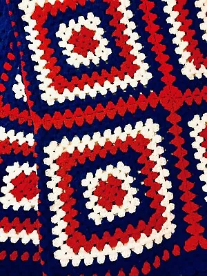 Vintage Hand Crocheted Granny Square Red White & Blue 60x90 Afghan Blanket • $59.95