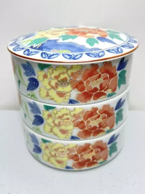 Vintage Japanese Porcelain Jubako Boxes Bento 3 Tier Kozan Gama Mino Ware Floral • $97.46