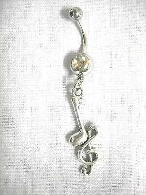 NEW MUSIC NOTE & G CLEF TREBLE CLEF MUSIC 14g CLEAR CZ BELLY RING NAVEL JEWELRY • $5.99