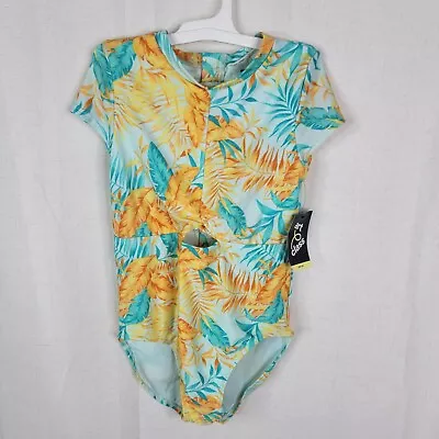 Art Class Girls 10/12 Large Leaf Print Yellow Blue Rash Guard Swimsuit • $13.50