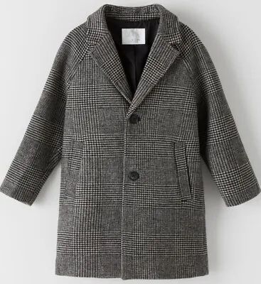 Zara Kids Boys Winter Black Checked HOUNDSTOOTH WOOL BLEND COAT • £29.99