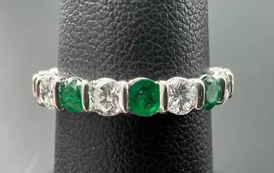 Platinum Round Cut Green Emerald & 1tcw Diamond Eternity Band Ring Sz 6.75 • £1060.16