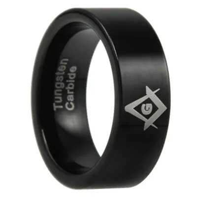 8mm Polished Black Freemason Masonic Tungsten Carbide Ring Band Size 12-13 • $16.99