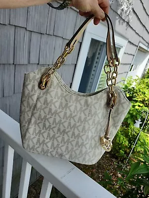 Michael Kors Jet Set Vanilla Lilly MK Logo Shoulder Bag Handbag Tote Purse • $155