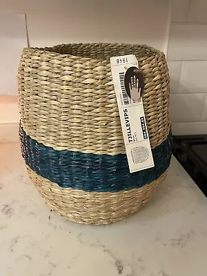 Ikea Tall Seagrass Basket Green Teal Stripe BN Tjillevips 29cm Tall 23cm Wide • £25