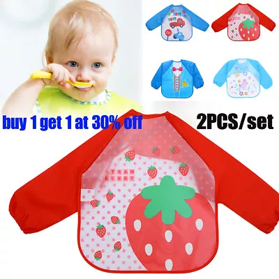 2PC Baby Kid Bibs With Full Long Sleeve Baby Toddler Weaning Feeding Apron Smock • £4.41