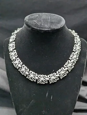 Vintage Signed Monet White Enamel Openwork Floral  Link Necklace Heavy  • $11.48