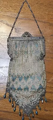 Vtg Mandalian Mesh Enamel Purse 1920s Blue Beaded Silk Lined 8x4 • $149.99