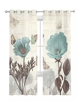 Vintage Teal Tulip Sheer Curtains 84 Inch Length 2 Panels Set Curtain Drapes ... • $79.48