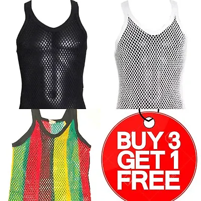 £6.99 • Buy Mens String Mesh Vests, Black, White Fish Net Tank Gym Tops, Fitted, 100% Cotton