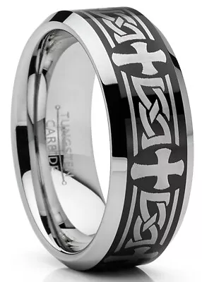 Men's Tungsten Ring Christian Cross Celtic Wedding Band Laser Etched Black 8MM • $17.99