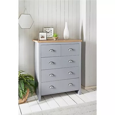 New Oak Finish Millbrook 5 Drawer Chest With Grey Finish And Metal Handles • £149