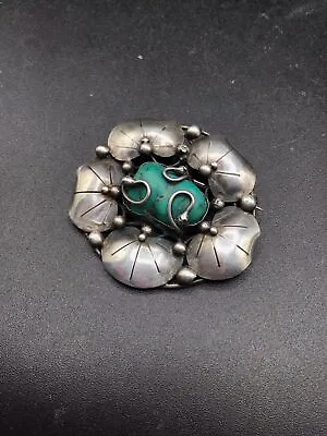 Mary Gage Brooch Sterling Silver Art & Crafts Turquoise Lily Pads Flower Shape • $799