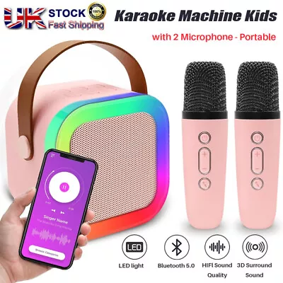 Mini Karaoke Machine Kids With 2 Microphone Portable Bluetooth Speaker With LED • £15.98