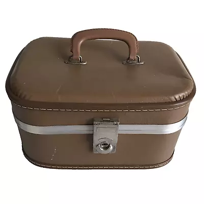 Vtg '60s Train Case Makeup Travel Vanity Box Hardshell Luggage Brown W/ Mirror • $19.99