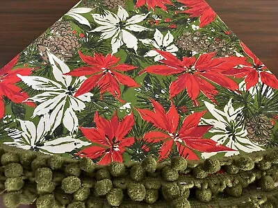Vintage Christmas Holiday 52  Round Tablecloth Poinsettias W/ Green Pompoms MCM • $32