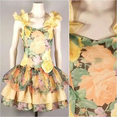 80s Vintage Yellow Pastel Prom Party Dress - Flouncy Full Corsage Dress - S 8-10 • £44