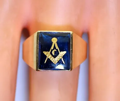 Vintage Men's 10K Yellow Gold Blue Signet Masonic Ring Size 9.5 8.1 Grams • $425